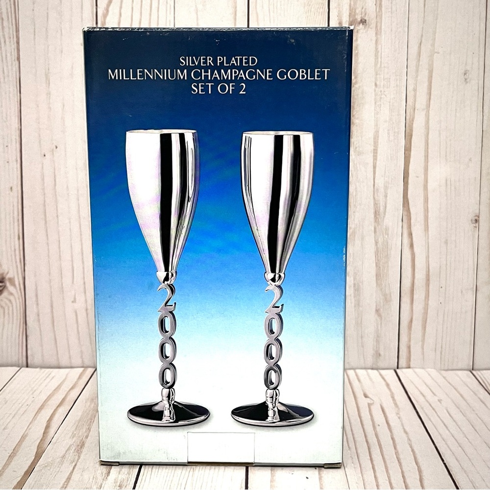 Vtg Y2K 2000 Silver Plated Millennium Champagne Goblet Set Of 2
